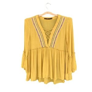 Hazel Tunic Blouse Womens Medium Yellow Embroidered Boho Lace Up Top Bell Sleeve